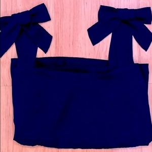 blue blouse with bow shoulder straps